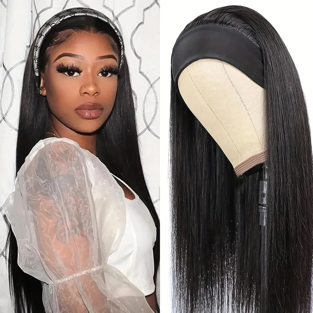 Headband wig in high temperature fibre hair showing black straight, black curly and wine red colour options