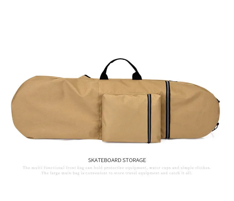 Waterproof nylon skateboard carry bag with 20-35 litre capacity in black camouflage colours