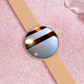Women's smart watch with circular colour screen and metal strap in black, gold, or silver steel options