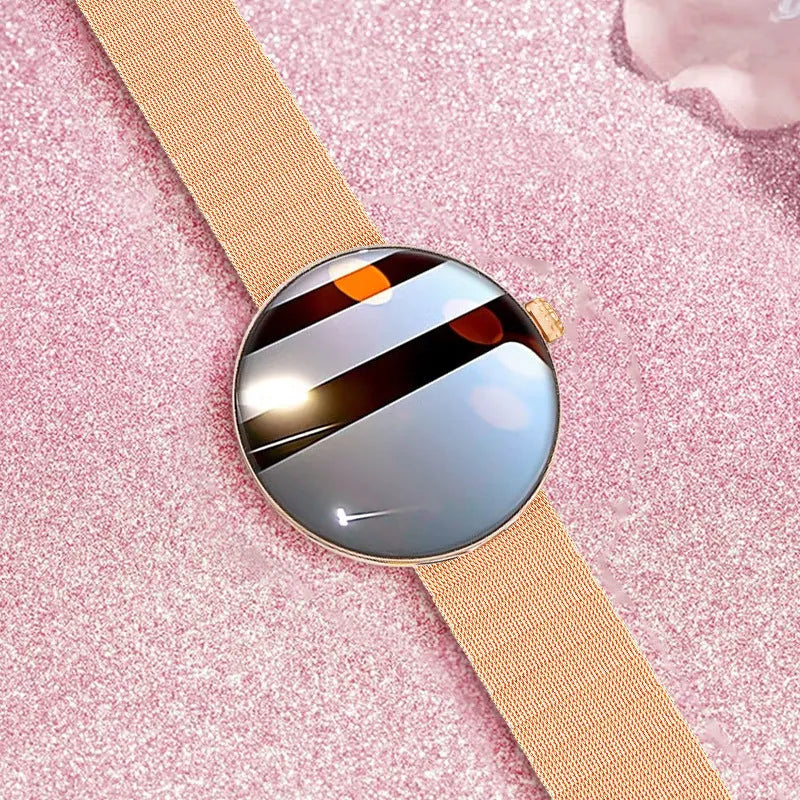 Women's smart watch with circular colour screen and metal strap in black, gold, or silver steel options