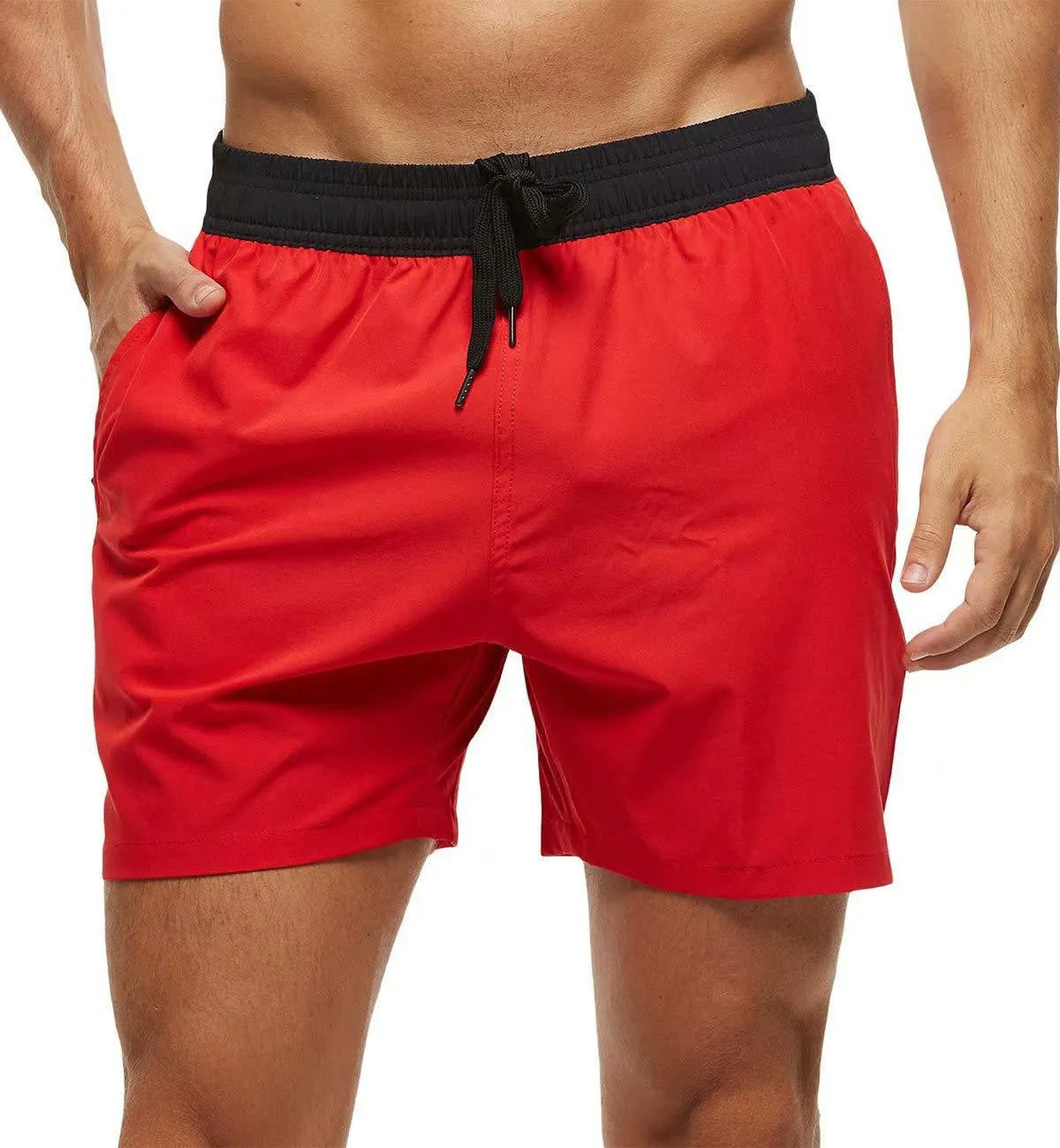 Men's blue training shorts with stitching waist detail and headband pocket for running and fitness
