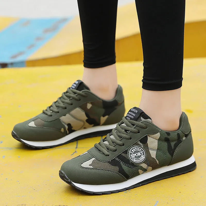 Camouflage pattern suede running shoes with mesh lining and foam sole on size chart background