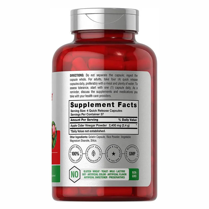 Bottle of 150 apple vinegar health capsules, dietary supplement tablets
