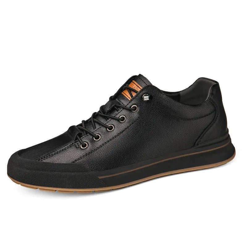 Men's white and black matte leather casual shoes with flat heel and round toe, shown in various colour and lining options.