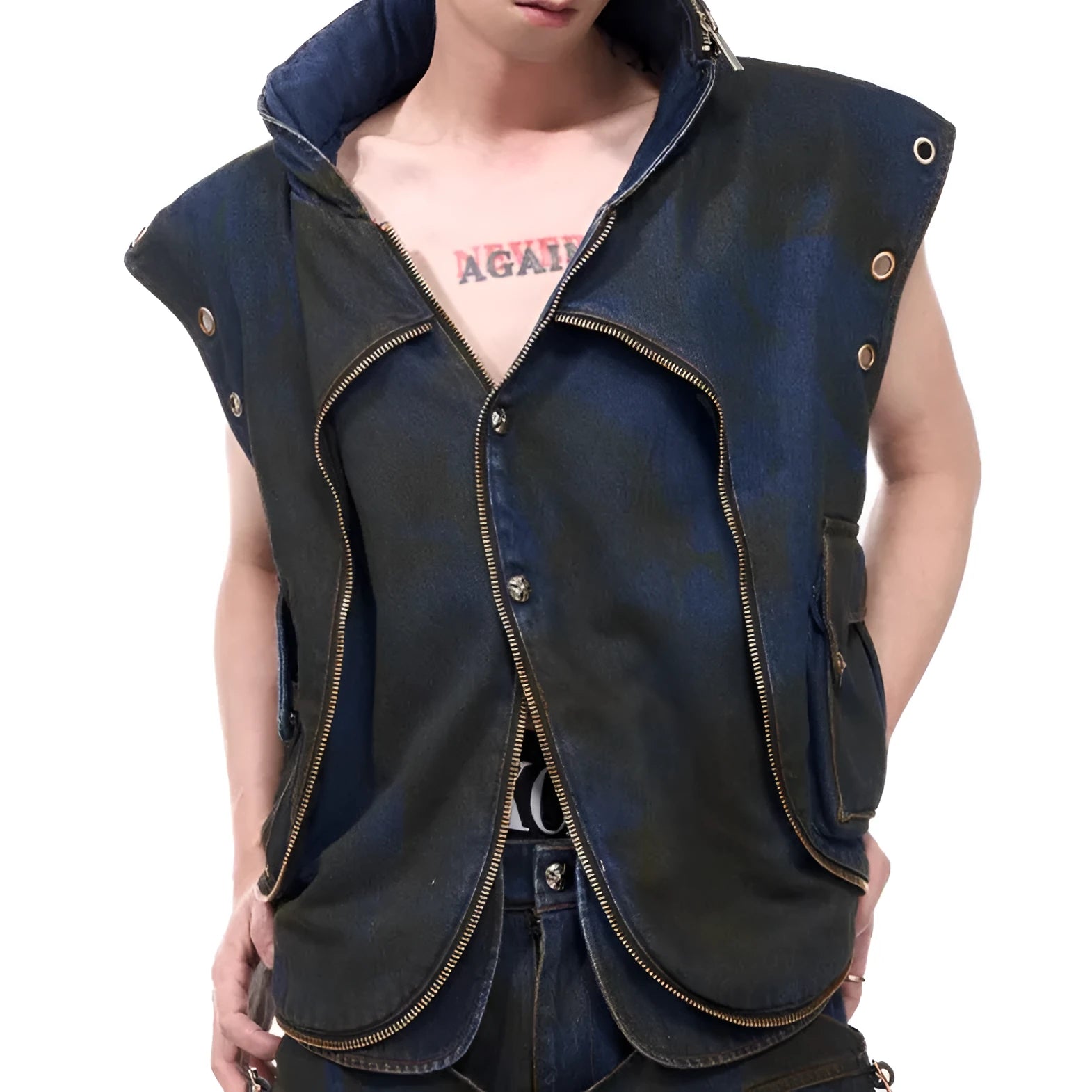 Blue hooded denim vest coat with matching trousers, Korean style zippered jacket set