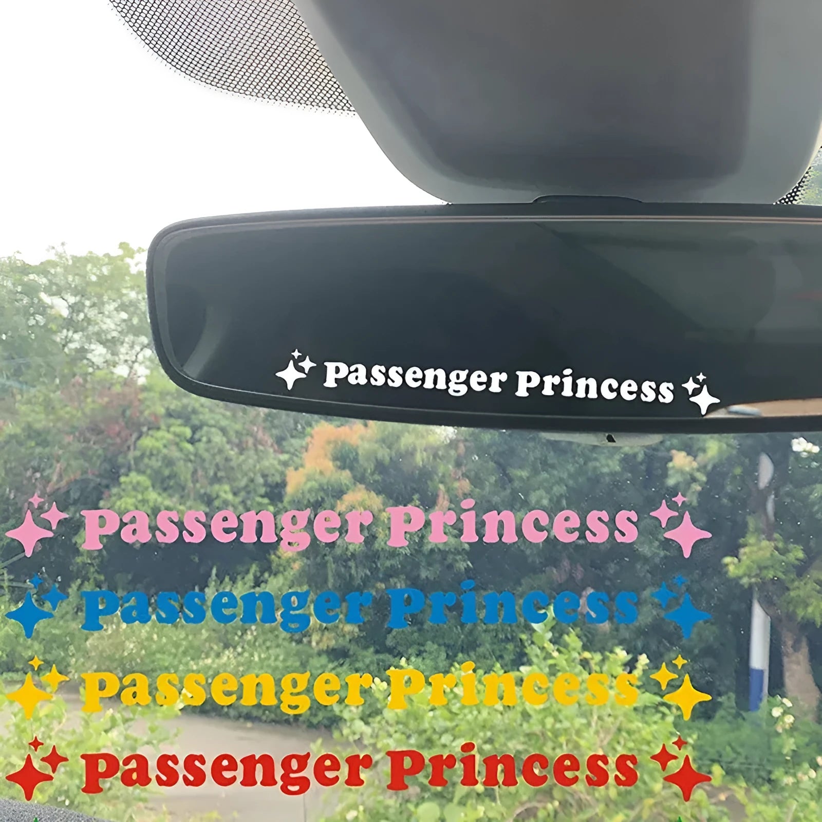 Passenger princess rearview mirror decorative sticker measuring 12.5cm diameter with reflective colour options