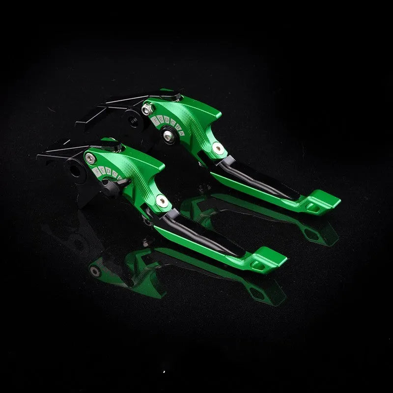Pair of anodised metal motorcycle brake and clutch levers with adjustable length mechanism