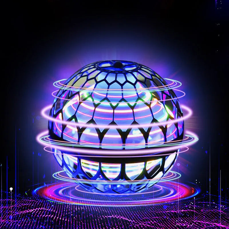 Blue spinning flying ball toy with LED lights hovering above a child's hand, with a magic wand accessory.