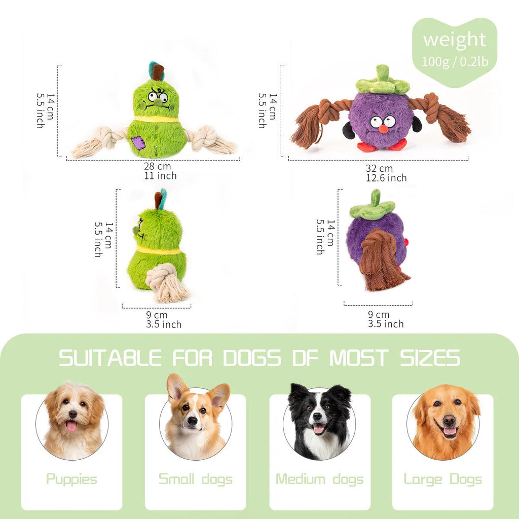 Green and purple interactive plush dog toy with rope knot and molar tooth design for tug of war.
