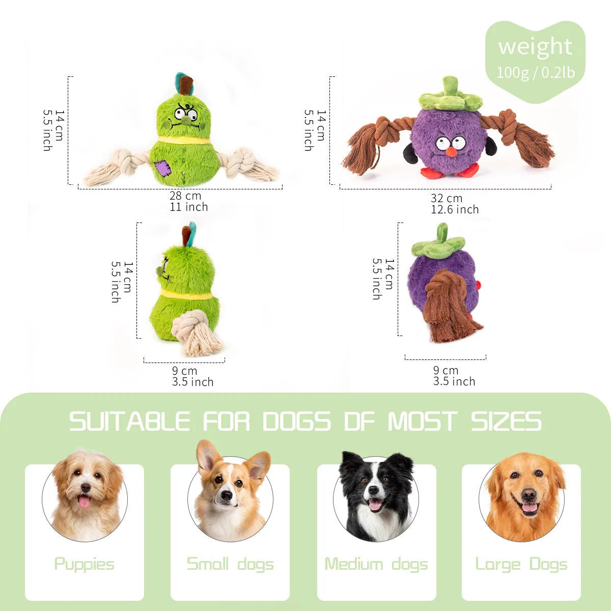 Green and purple interactive plush dog toy with rope knot and molar tooth design for tug of war.