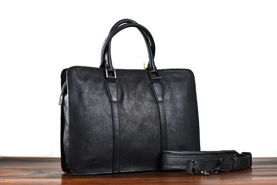 Men's 14 inch horizontal leather business handbag with zipper in khaki colour