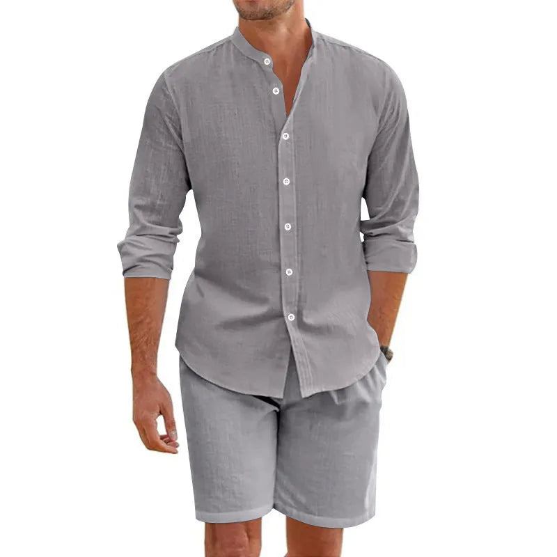 Men's dark grey linen blend summer shirt suit with lapel button-down short sleeve top and drawstring shorts