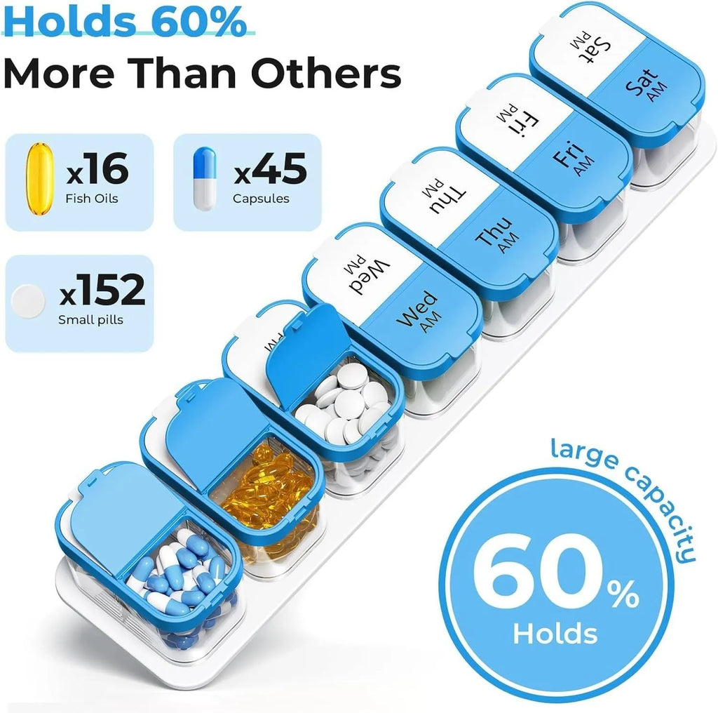Extra large white and rainbow coloured pill box dispenser with 14 removable compartments showing dimensions