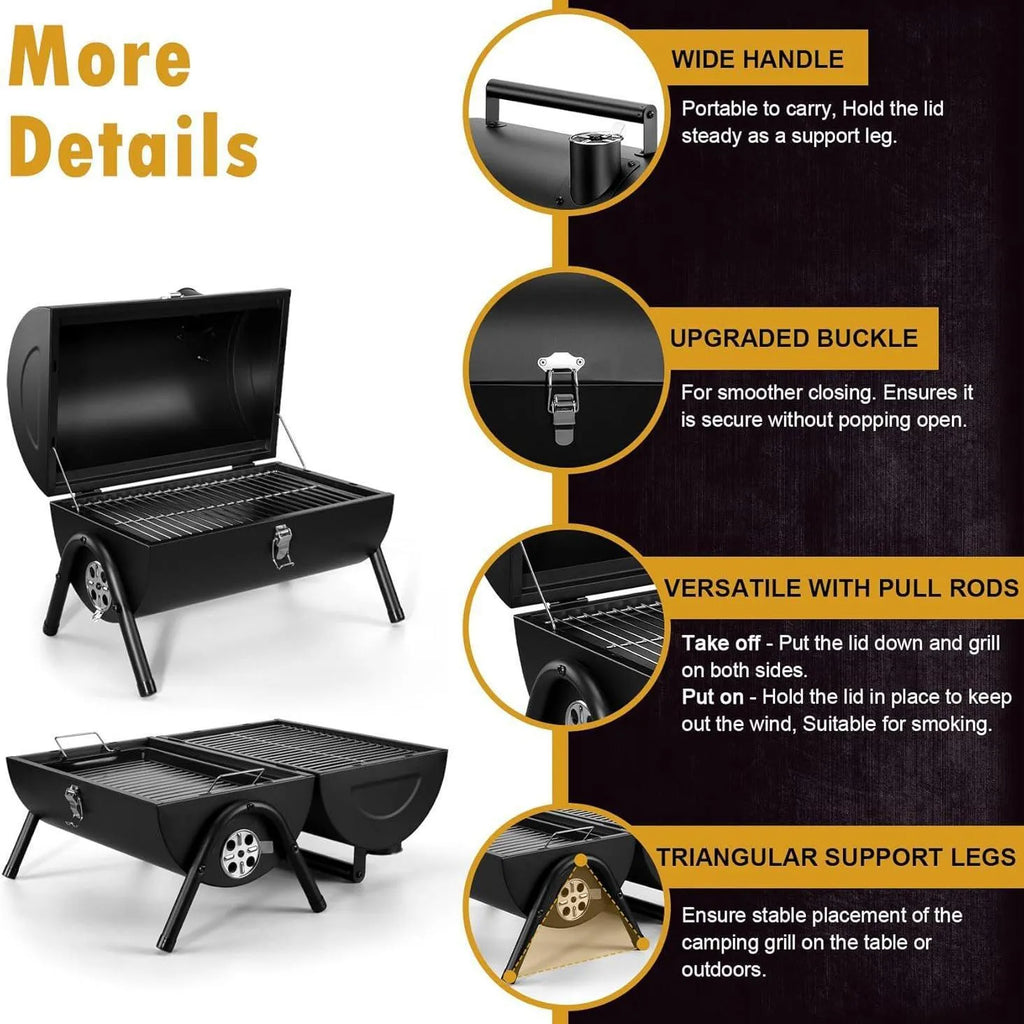 Small foldable desktop charcoal barbecue grill with grill grate, shown in open and closed positions.
