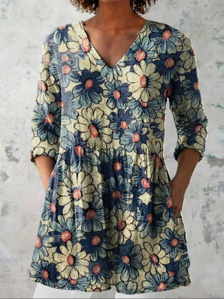 Women's retro slim fit long-sleeved top with digital printing, available in multiple colours.