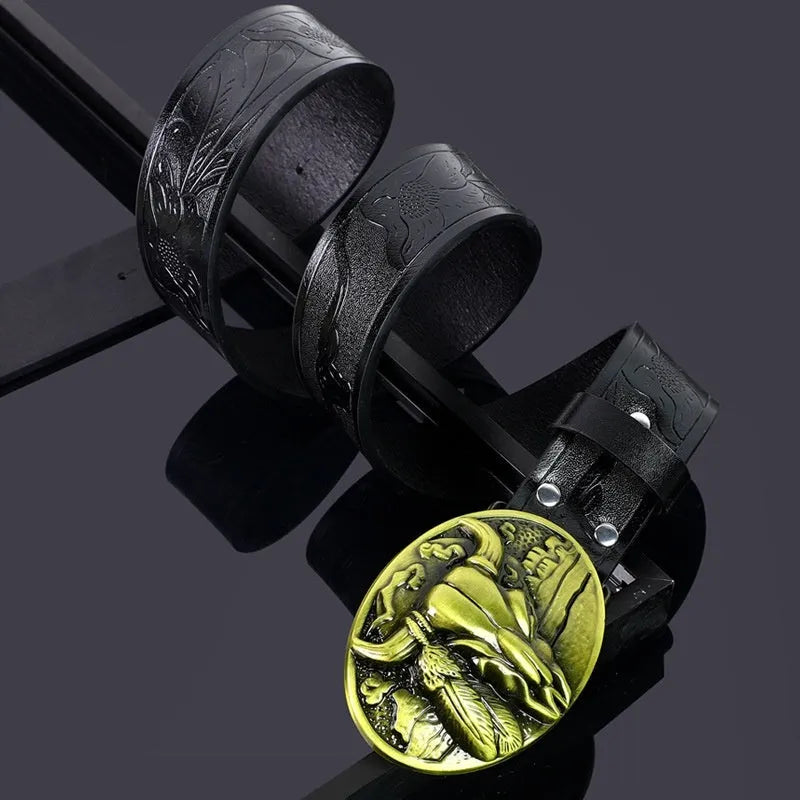 Men's brown belt with detailed cow head alloy buckle and imitation leather strap showing pin buckle closure