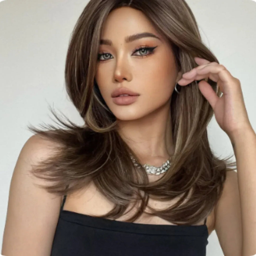 Mid-length platinum gradient colour wig with long curly hairstyle and bangs