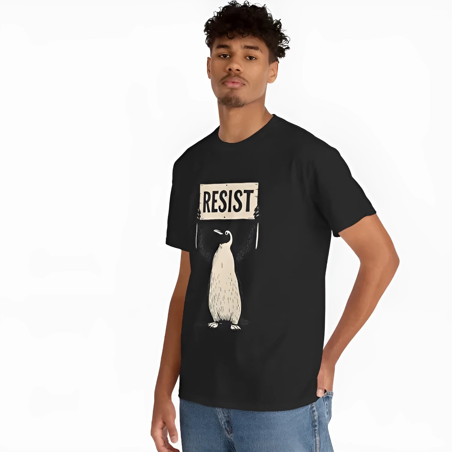 Unisex loose fit cotton short sleeve t-shirt in black, green, and white on a size chart.