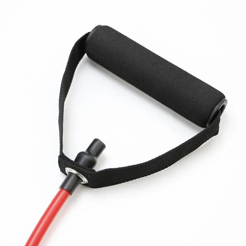 Colour-coded adjustable chest expander with TPE tension rope in yellow, green, red, blue, and black resistance levels