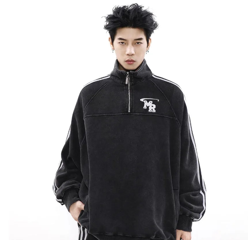 Black Hong Kong style men's hoodie coat with stand collar and long sleeves for casual sports wear