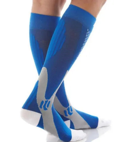 Athletic fit graduated compression socks for men and women in black, shown on a leg.
