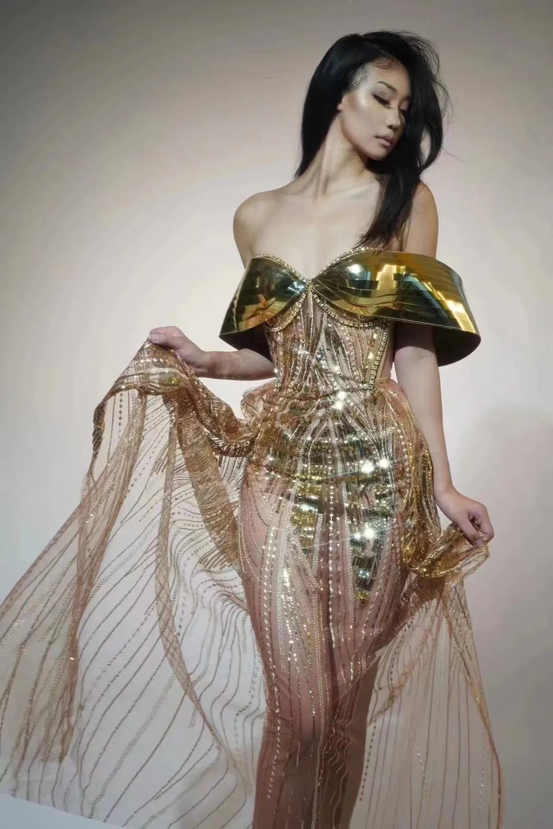 Gold strapless sequin long dress with tulle skirt and side slit for women
