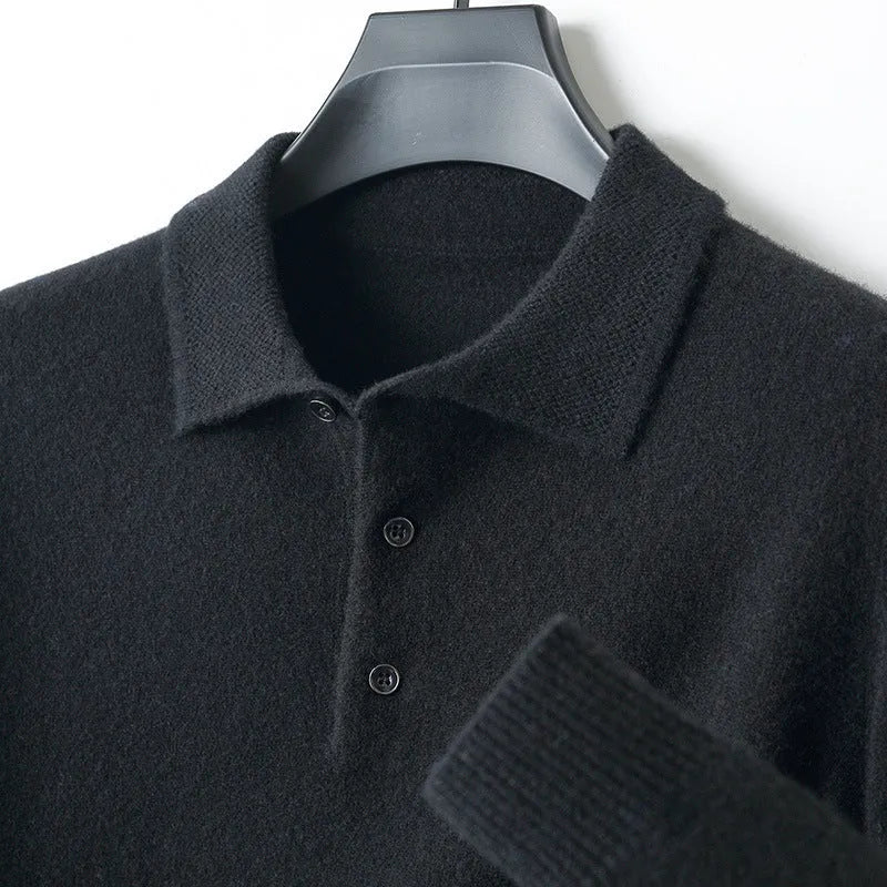 Men's grey wool blend pullover sweater with a polo collar and long sleeves laid flat