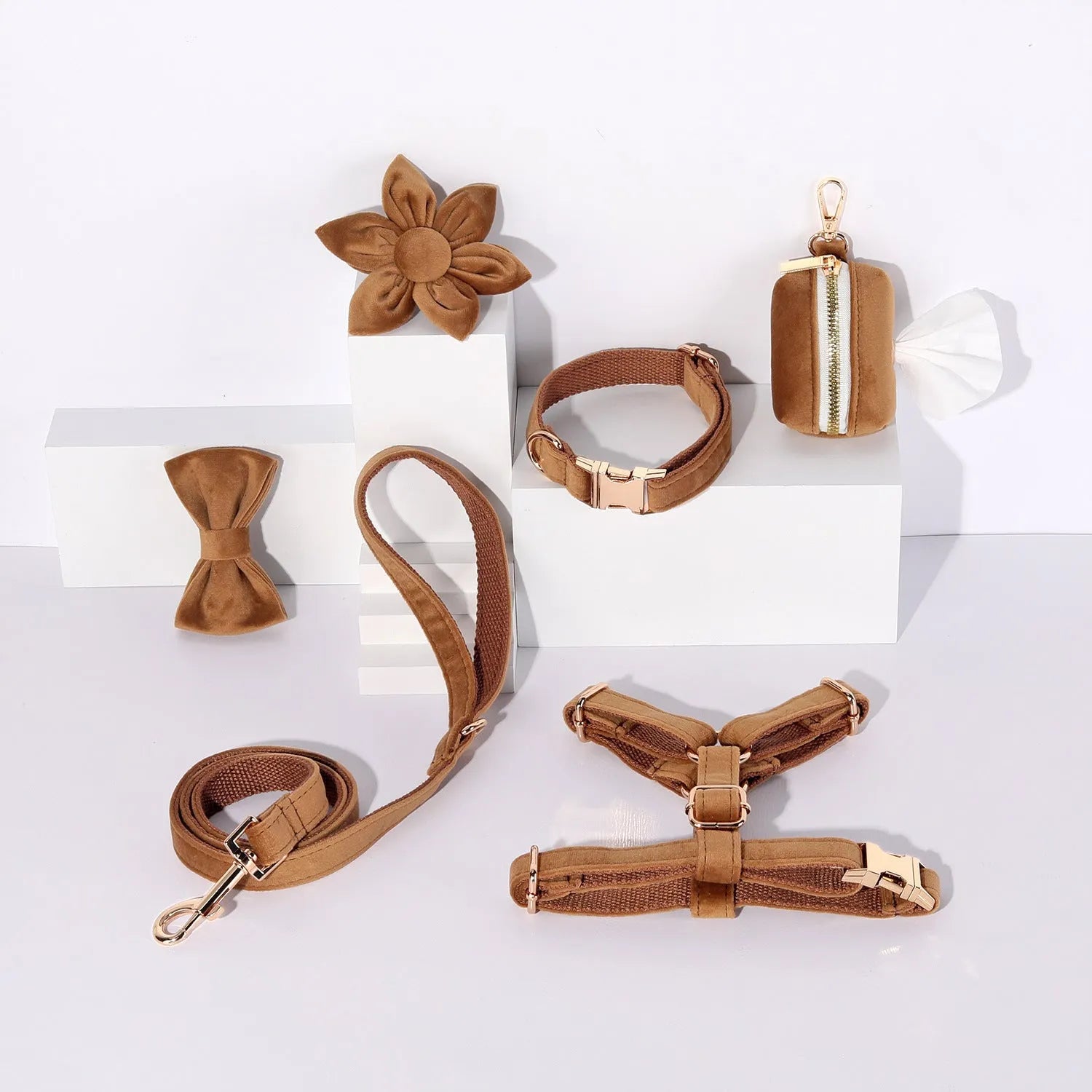 Velvet pet collar and traction rope set with bow tie and flower accessories in multiple colour options