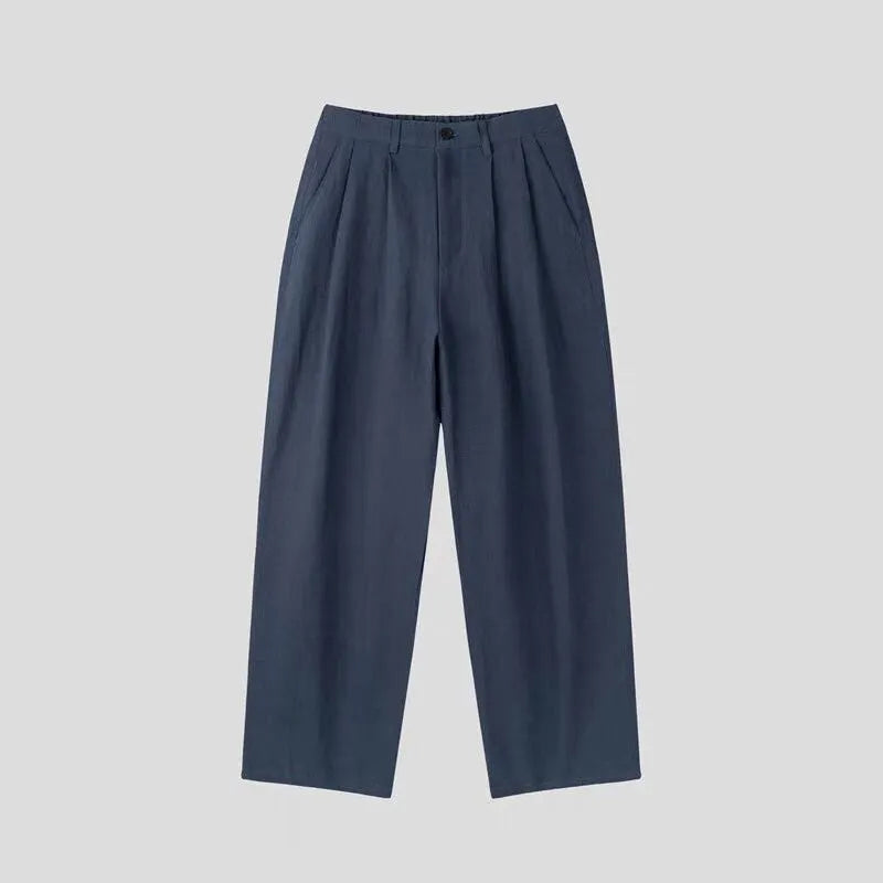 Men's apricot wide-leg cotton linen trousers with mid-waist zip fly and pencil leg opening