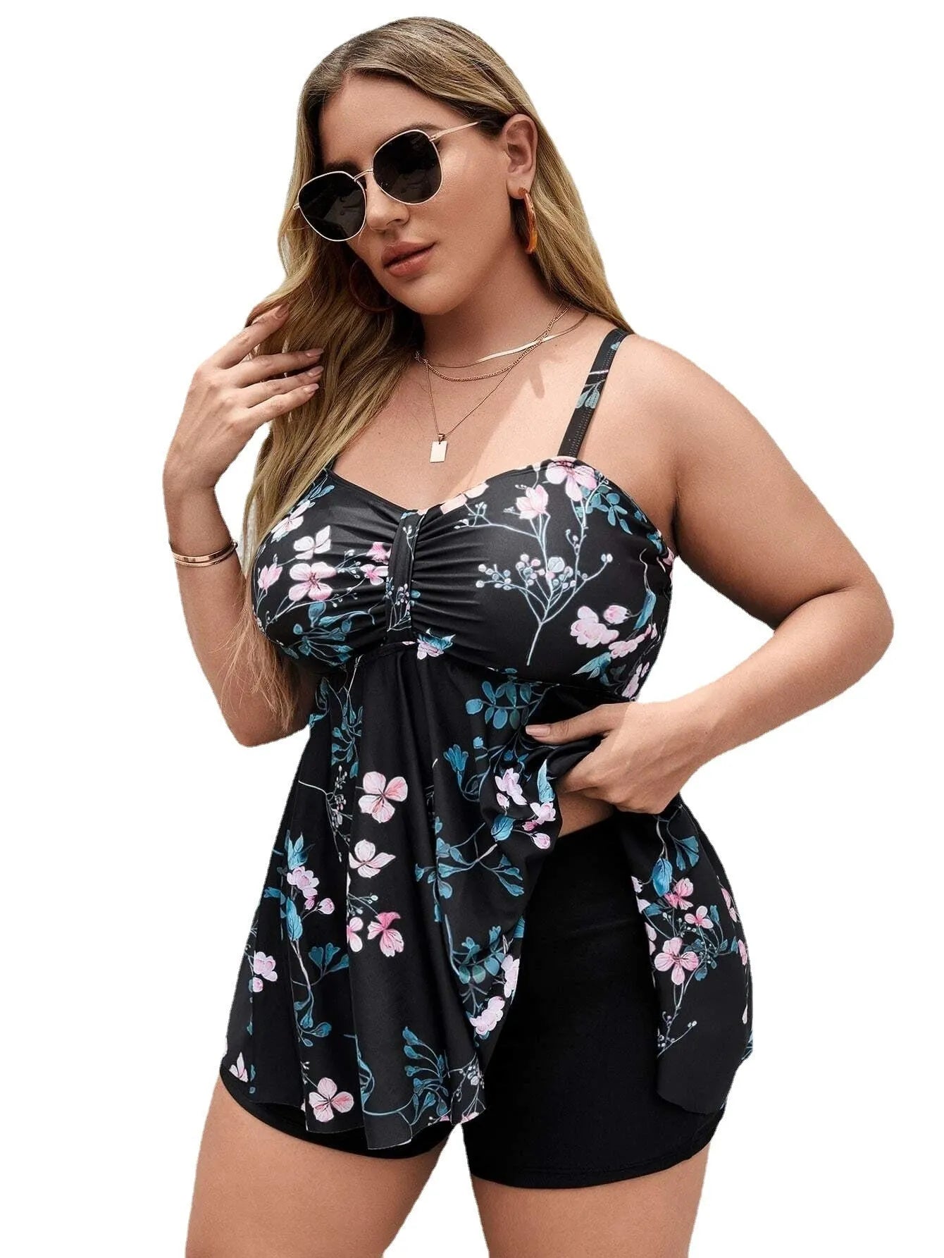 Women's floral print one-piece swimsuit with split colour design in sizes 0XL to 4XL