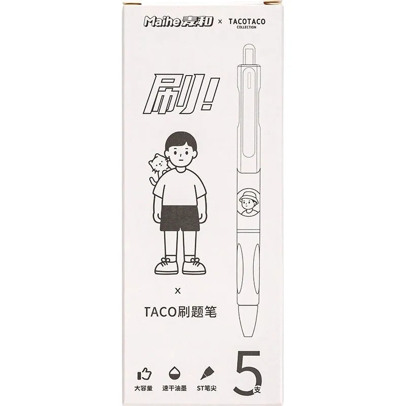 Five white and black plastic ballpoint pens with 0.5mm tips for writing