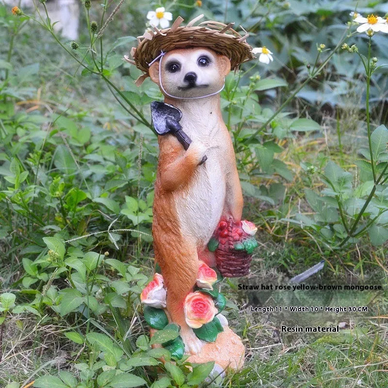 Straw hat mongoose garden ornament figurine with plastic resin construction