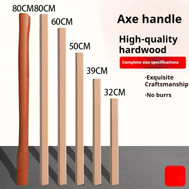 Solid locust wood replacement handles for axes, hoes, and sickles in various lengths on a plain background.
