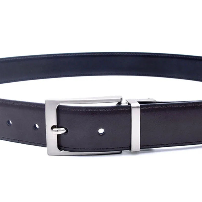 Men's brown and black genuine leather casual belt with rotating pin buckle showing length sizing options