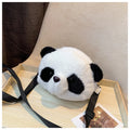 Plush panda head crossbody shoulder bag with cylindrical shape and sandwich pocket