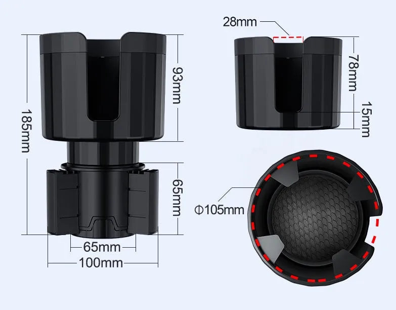 Matte black adjustable car cup holder expander for oversized water bottles and travel cups.