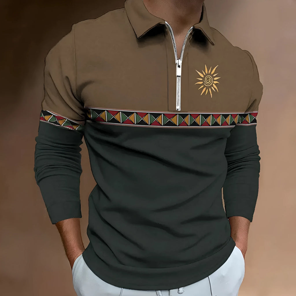 Men's loose-fit long-sleeved t-shirt with retro colour printing and a zip decoration detail.