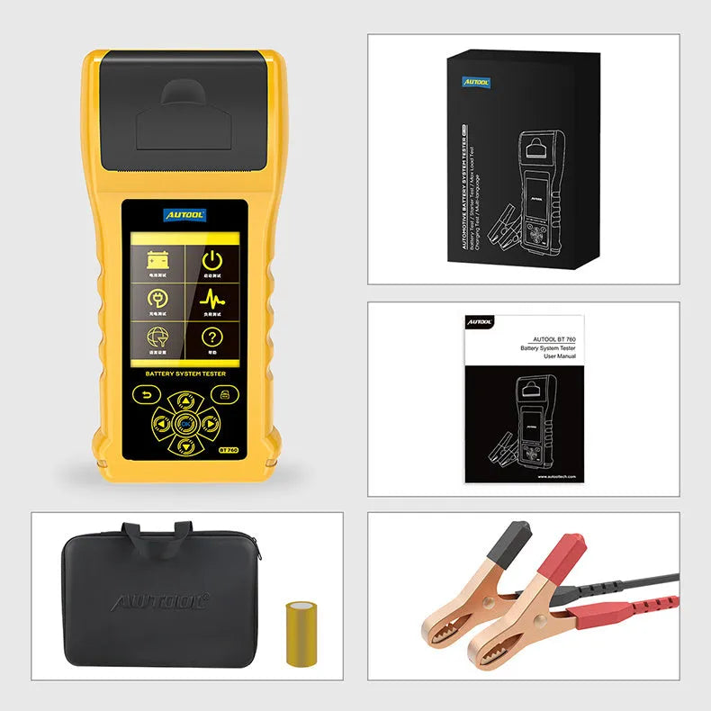 Autool BT760 vehicle battery tester with colour screen and thermal printer on a workbench