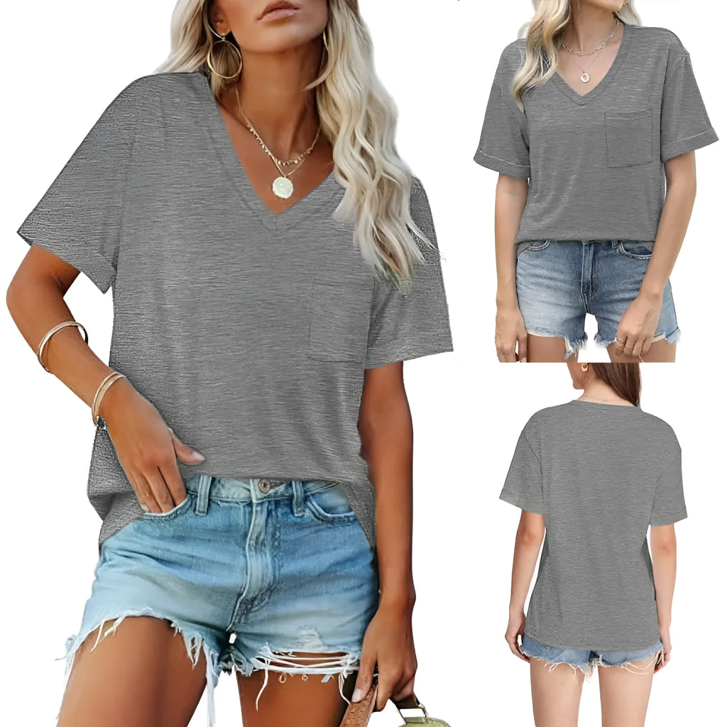Grey loose fit V-neck T-shirt with chest pocket on mannequin showing front view