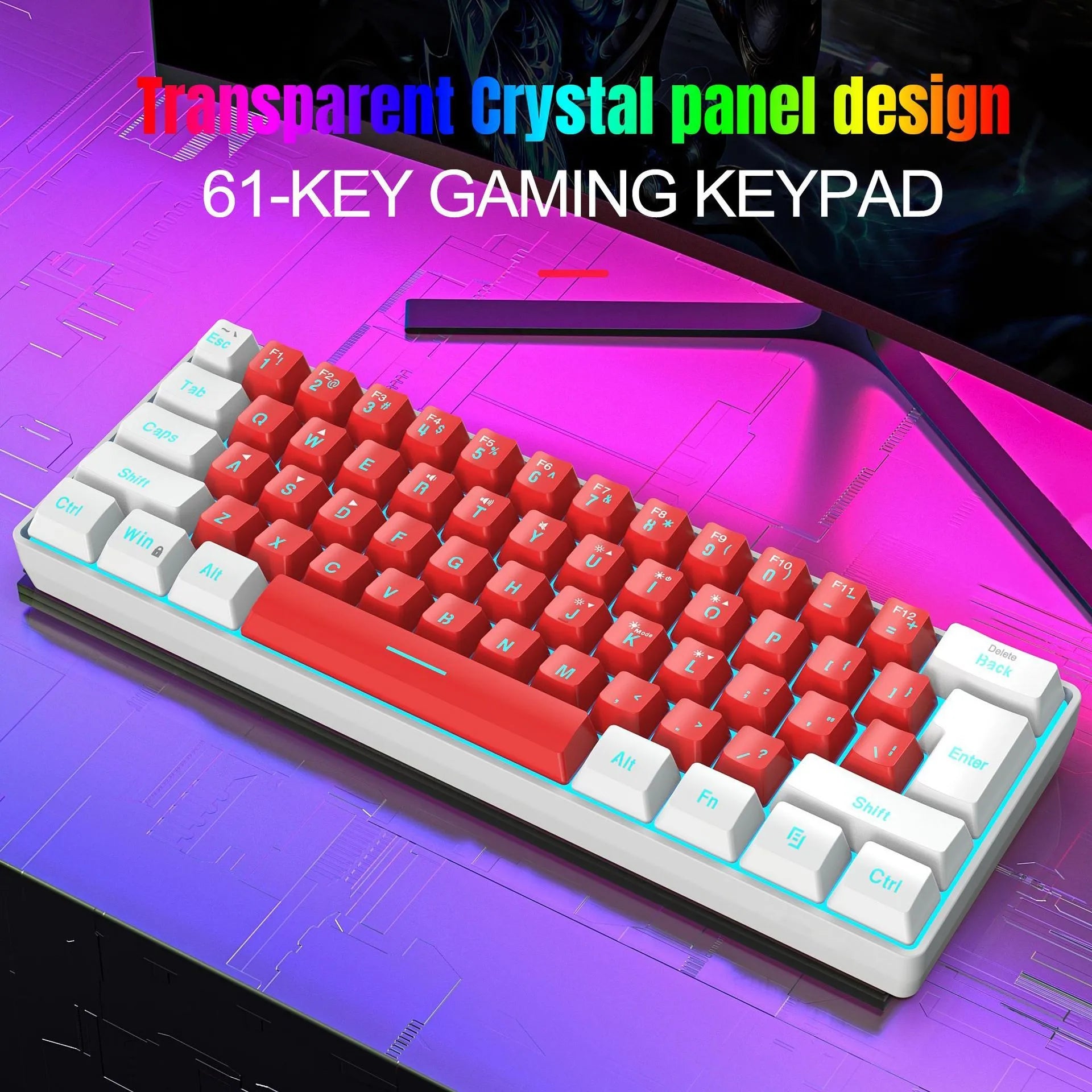 Simple wired 61 key membrane keyboard in white and black colour scheme with UK layout