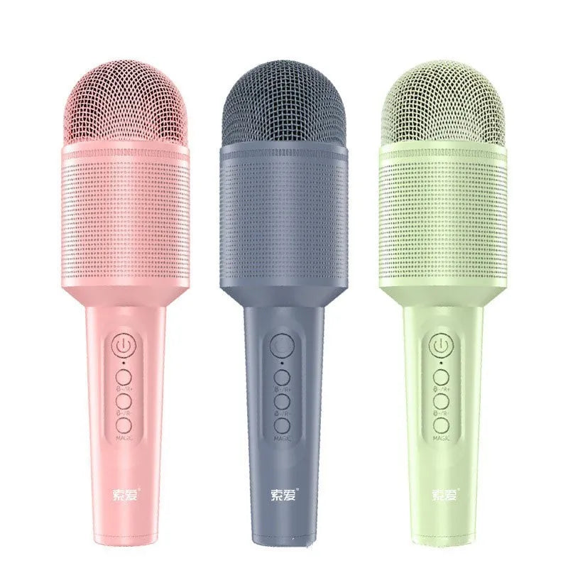 A wireless Bluetooth karaoke microphone shown in three colour options: girly pink, sapphire blue, and mint green.