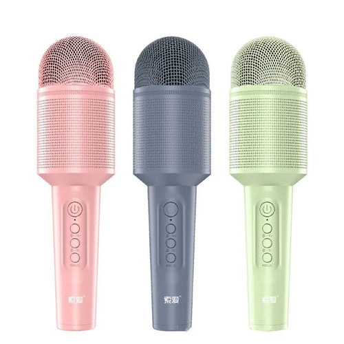 A wireless Bluetooth karaoke microphone shown in three colour options: girly pink, sapphire blue, and mint green.