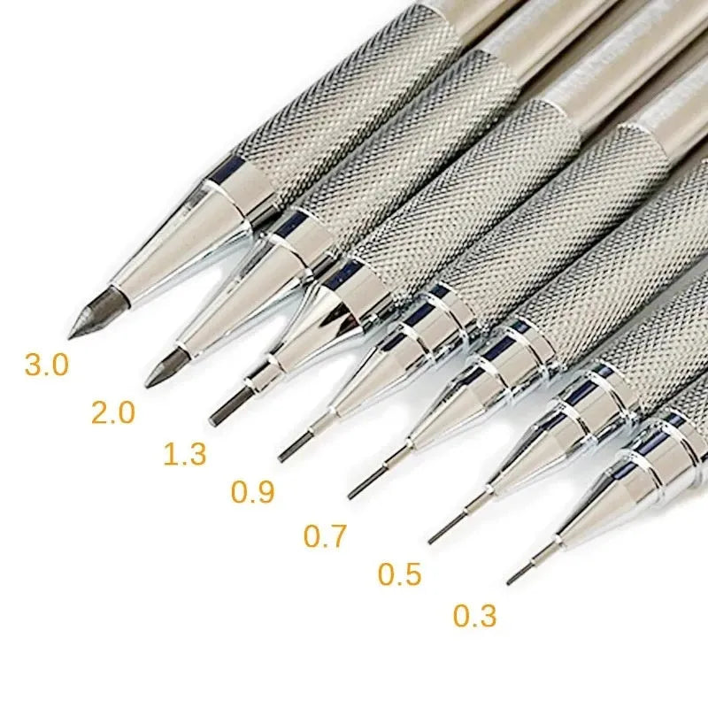 Metal automatic mechanical pencil shown with selectable lead size options including 0.5mm and 2.0mm.