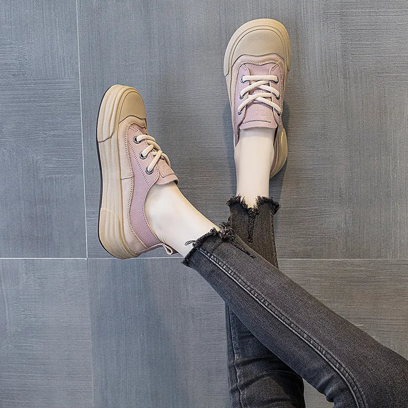 Women's leather platform sneakers in matcha, purple, or orange with round toe and lace-up front