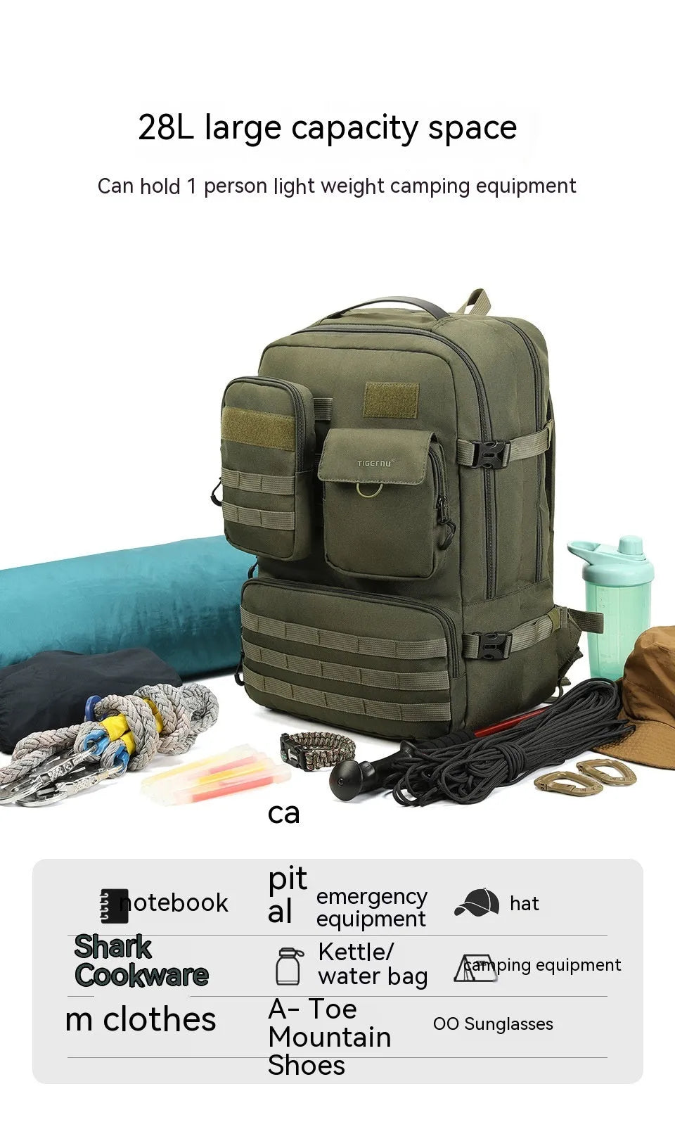 17-inch waterproof tactical backpack in army green with 20-35L capacity for outdoor use
