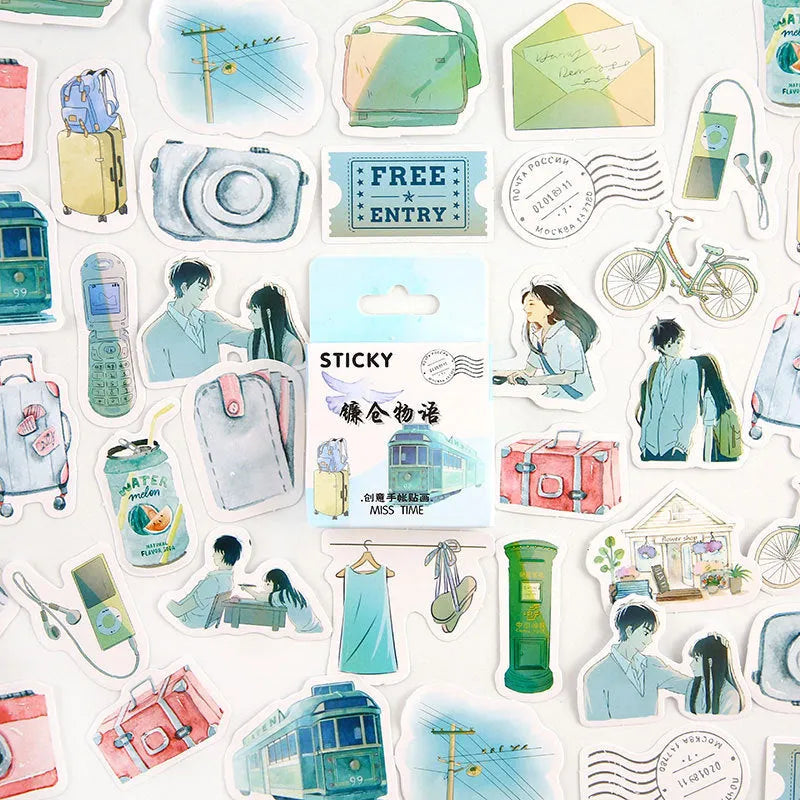 Pack of 46 small colourful cartoon decorative stickers for journals, shown with themed sets.