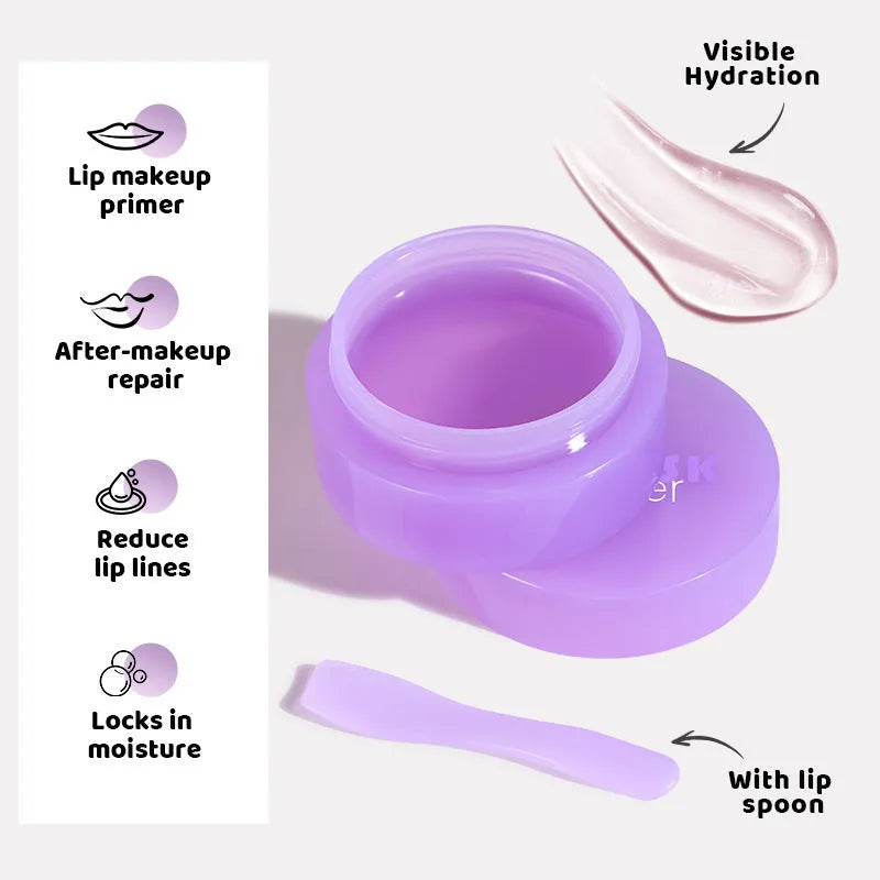 Box containing a lip balm pot, exfoliating lip film, and a plastic scraper tool for lip care.