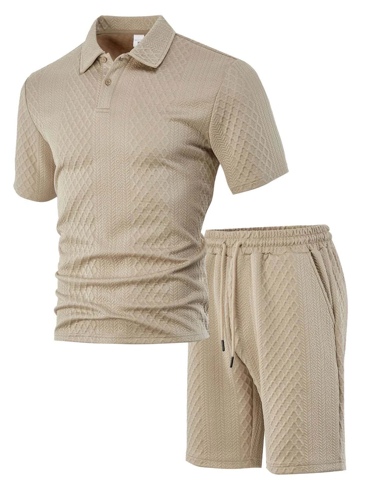 Men's casual short sleeve polo suit with matching trousers in polyester figure cloth, showing colour options.
