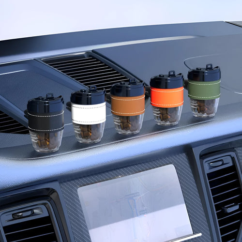 Coffee cup-shaped solid car air freshener in plastic with coffee bean fragrance