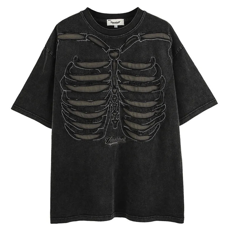 Brown loose fit men's T-shirt with a large printed skull and letter design, featuring drop shoulder sleeves.